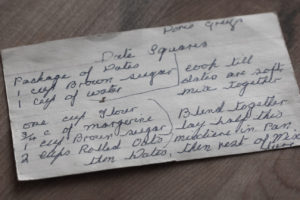 handwritten recipe card for date squares