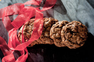 mocha chocolate chip cookies with red ribbon