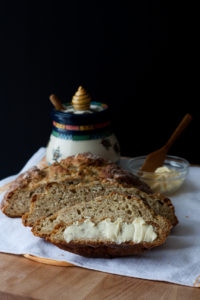 soda bread with honey pot and butter