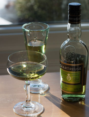 two glasses of Chartreuse and one bottle