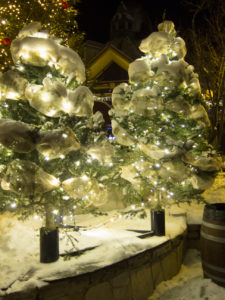 two pine trees decorated in snow and white ribbon