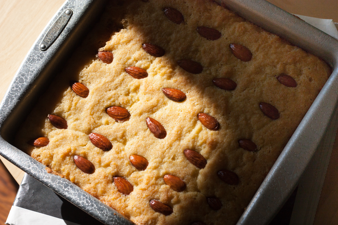 egyptian basbousa cake in a tin