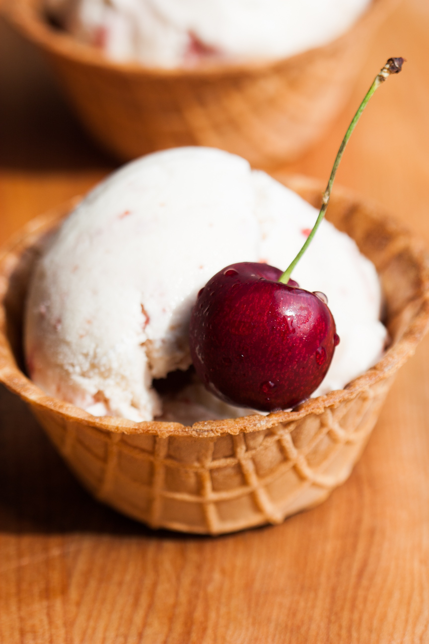 honey vanilla ice cream with cherry galliano swirl in waffle cups