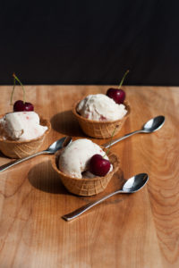honey vanilla ice cream with cherry galliano swirl in waffle cups