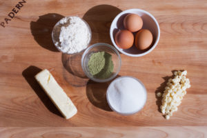 ingredients for matcha and white chocolate cake