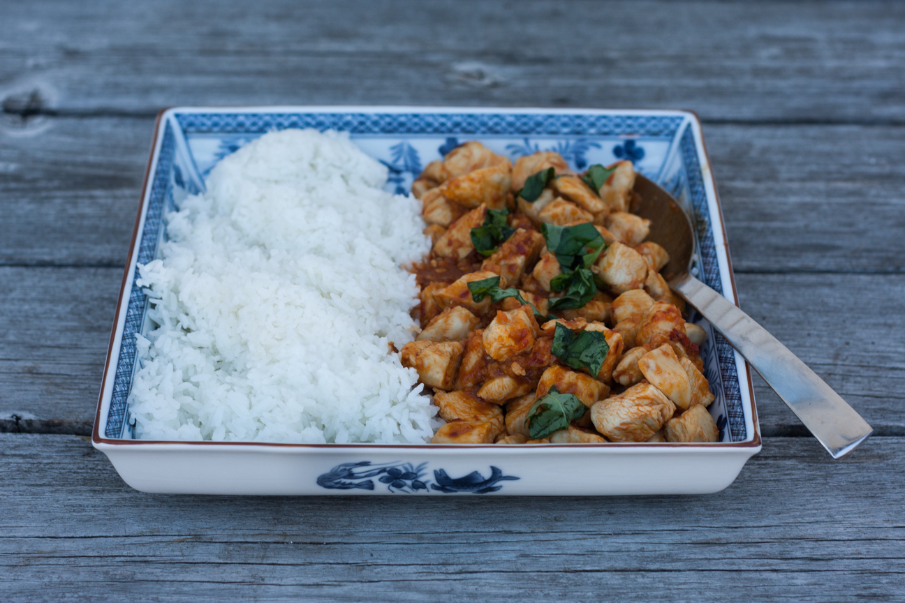 thai chicken with chilies and basil and rice