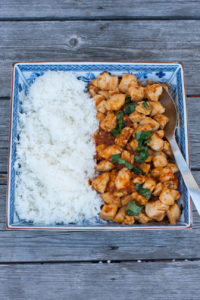 thai chicken with chilies and basil and rice