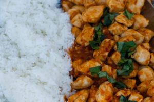 thai chicken with chilies and basil and rice