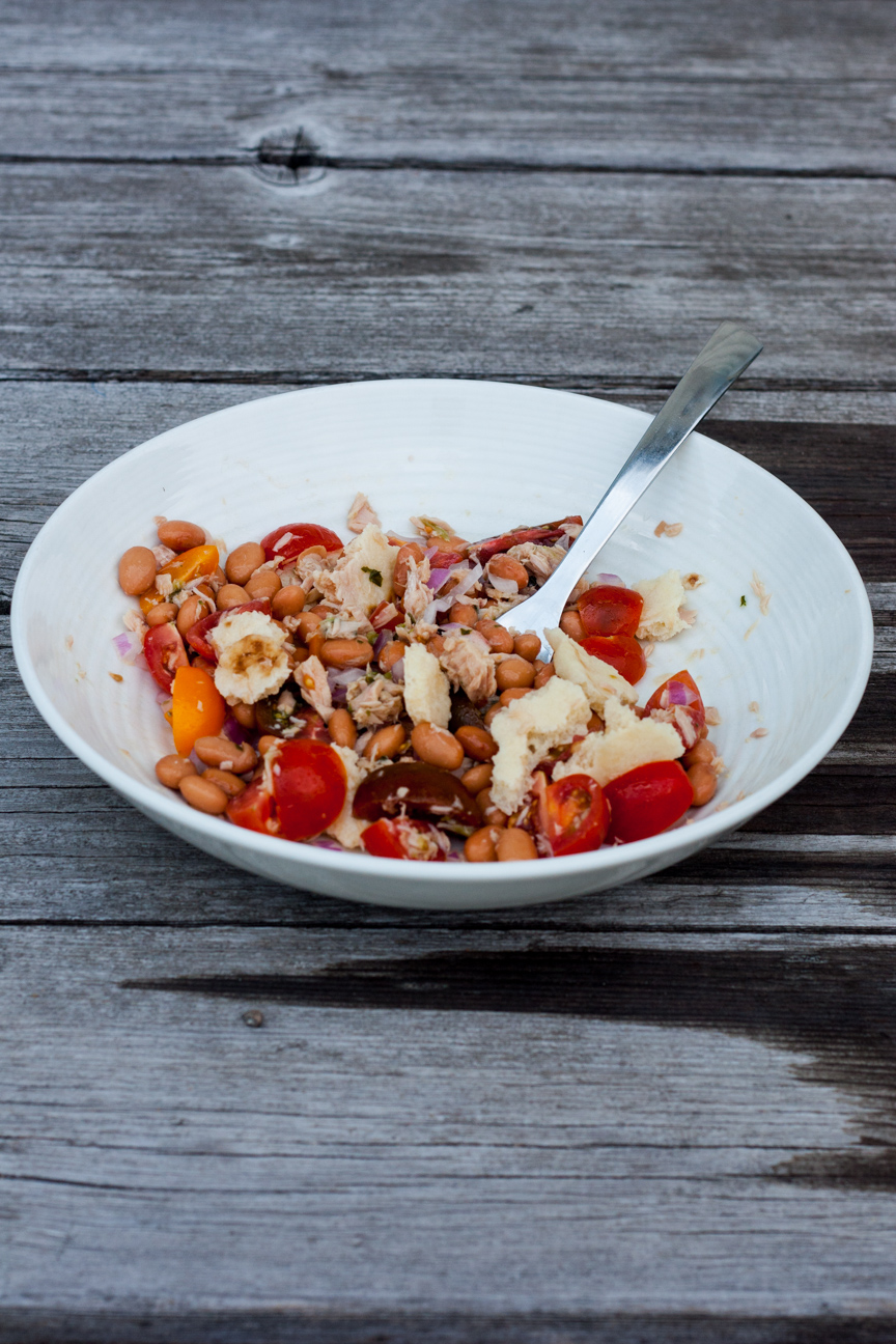 tuscan tuna, bean, tomato salad in a bowl