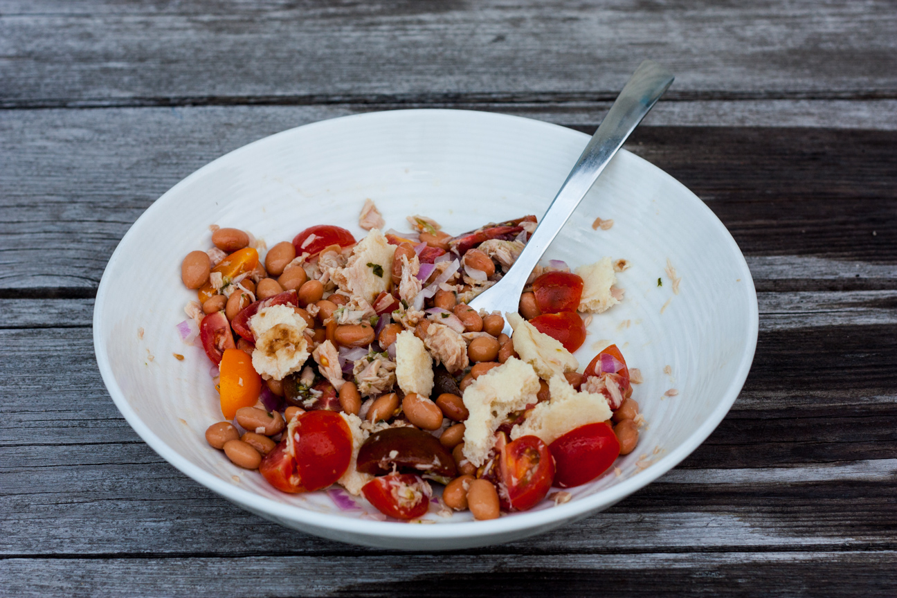 tuscan tuna, bean, tomato salad in a bowl