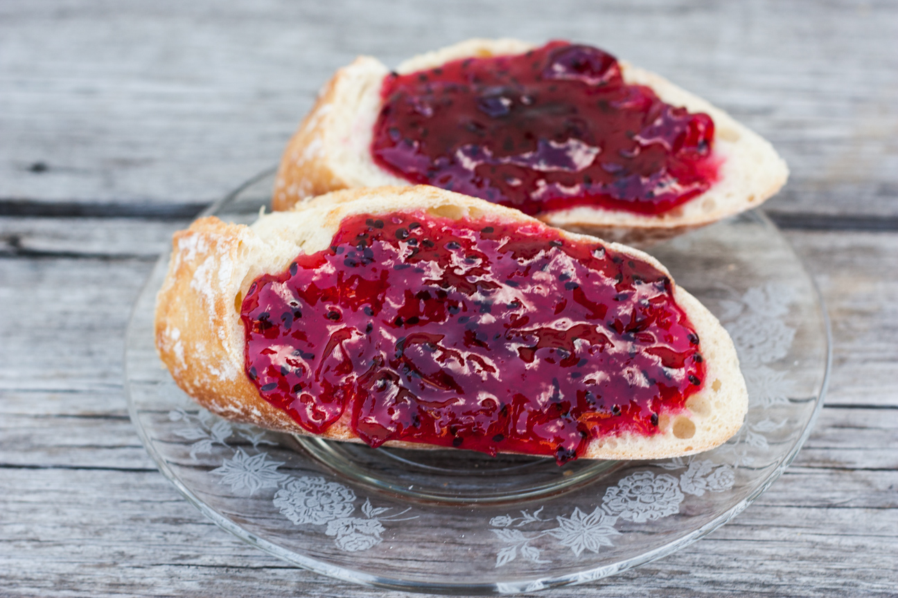 red gooseberry elderflower jam on bread