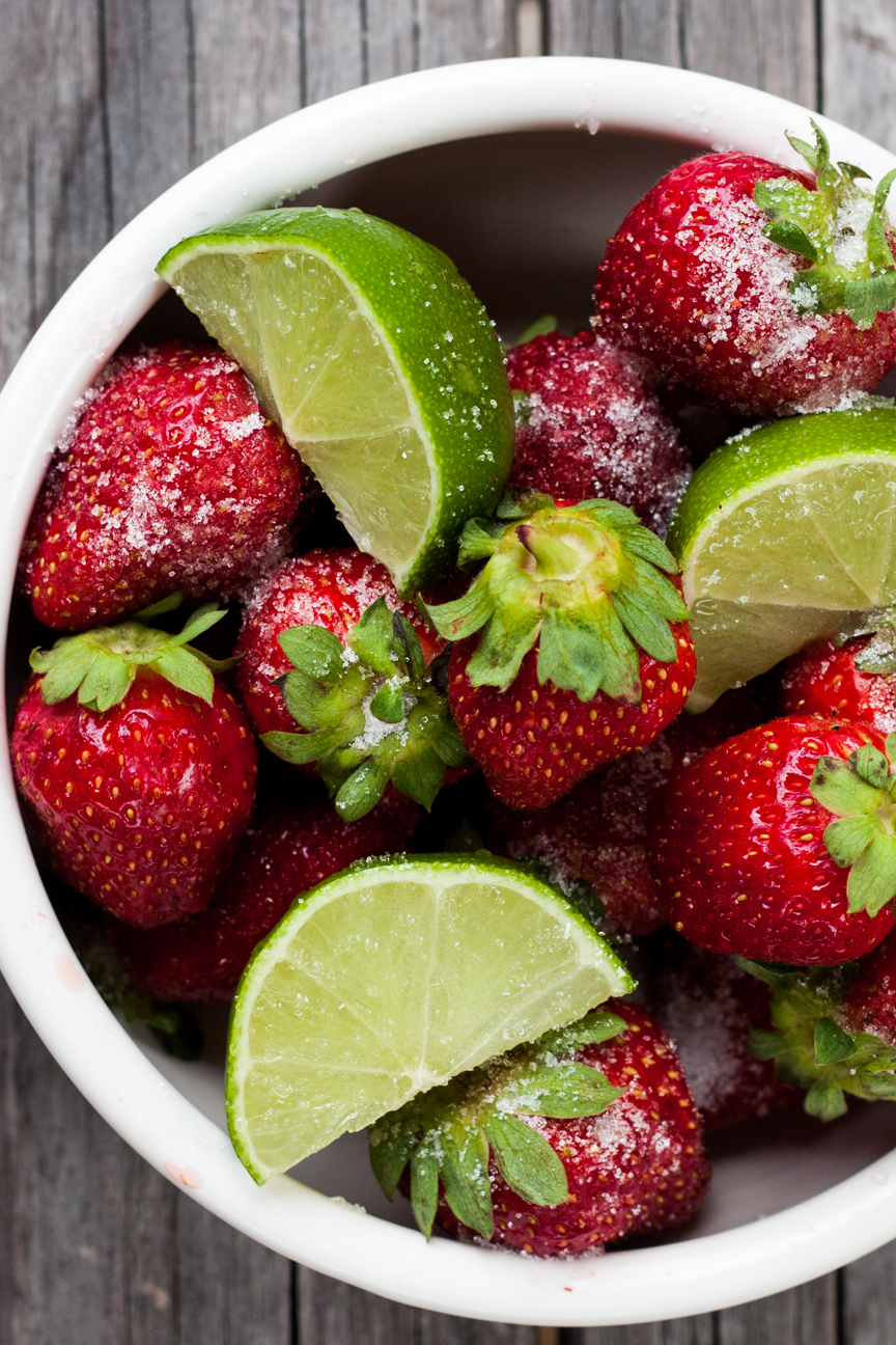 strawberies and limes for strawberry lime elderflower granita