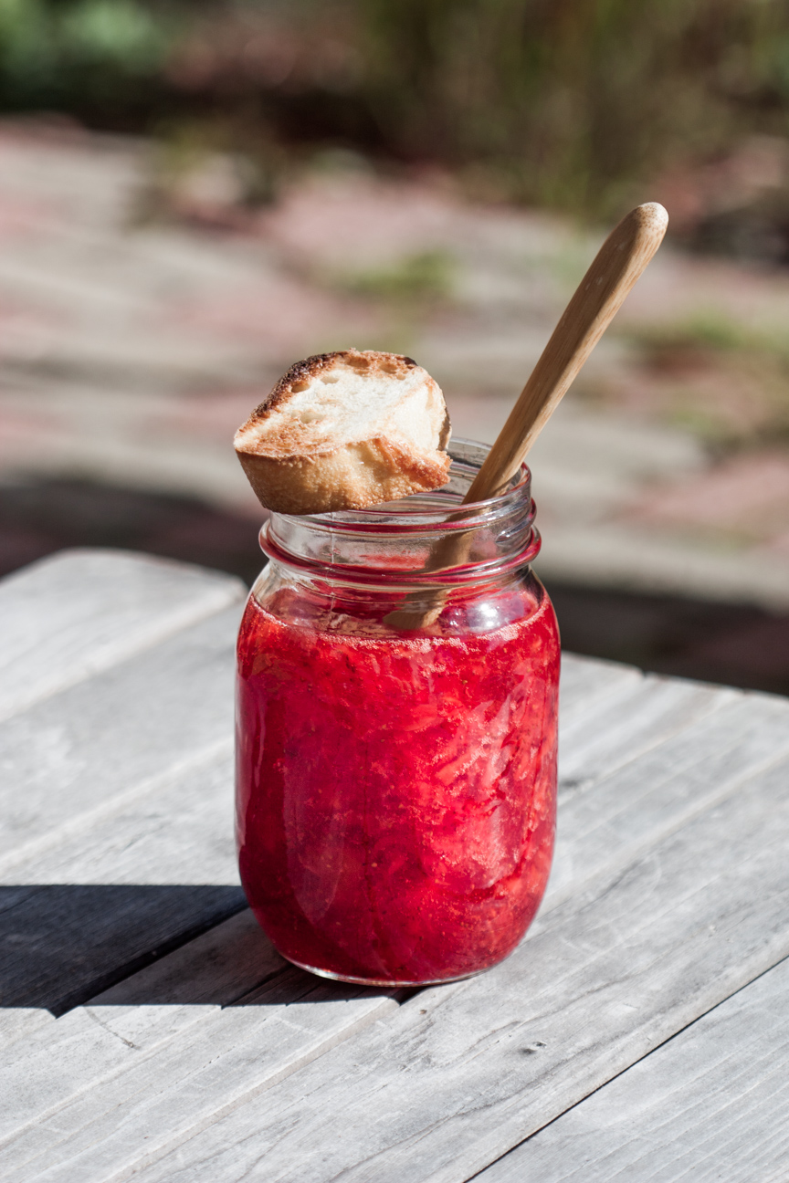 strawberry freezer jam in a jar