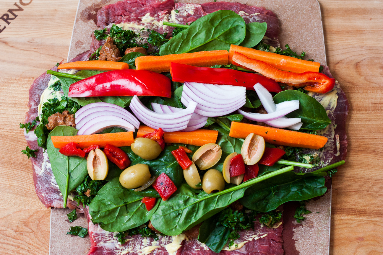 raw ingredients for argentinian matambre with chorizo and spinach