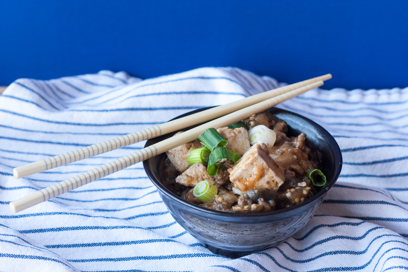 Sizzling Mapo Tofu with Pork, Tofu and Eggplant Tea and Mangoes