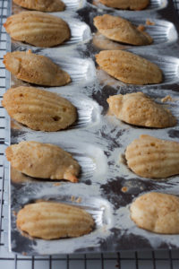 brown butter orange hazelnut madeleines in madeleine tray