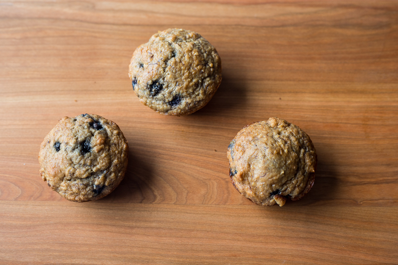 three blueberry banana muffins