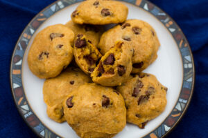close-up of pumpkin chocolate chip cookies