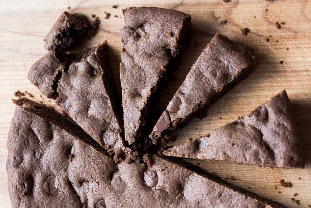 Double Chocolate Skillet Brownie Cookie on cutting board