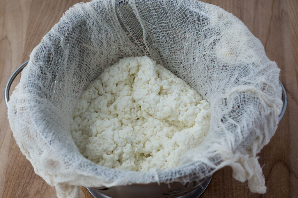 paneer cheese draining in a colander