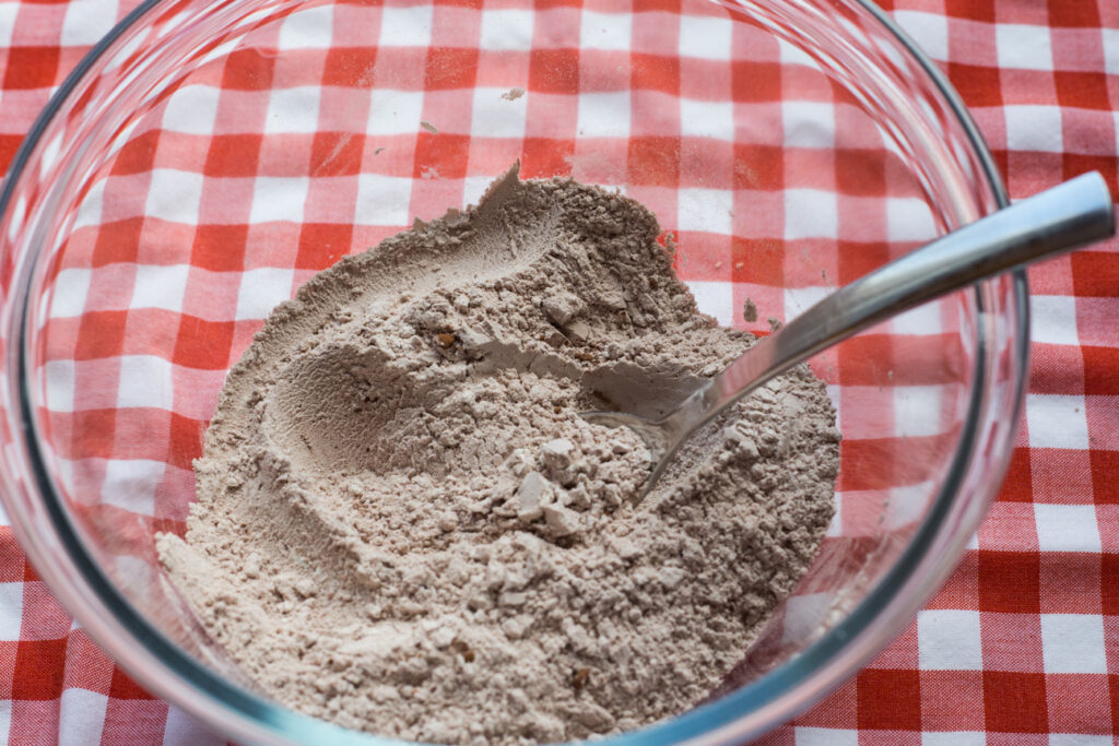 dry ingredients for Double Chocolate Skillet Brownie Cookie