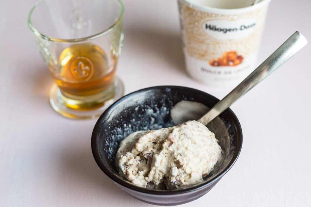 bowl of ice cream and glass of liqueur