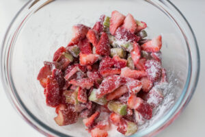 bowl of rhubarb and strawberries with sugar